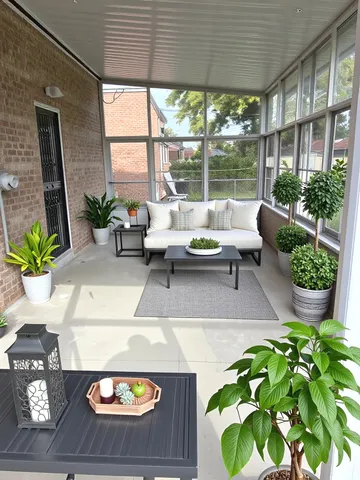 a living room with patio furniture and a potted plant