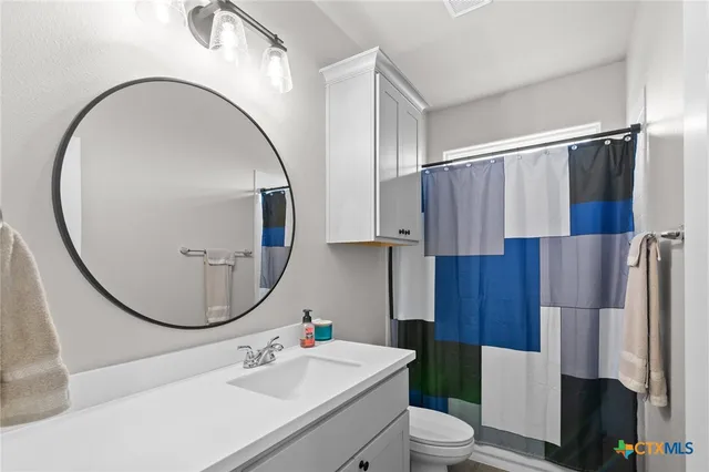 a bathroom with a sink a toilet and a mirror