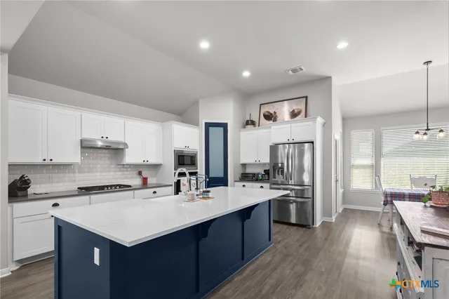 a kitchen with stainless steel appliances a sink a stove a refrigerator cabinets and a center island