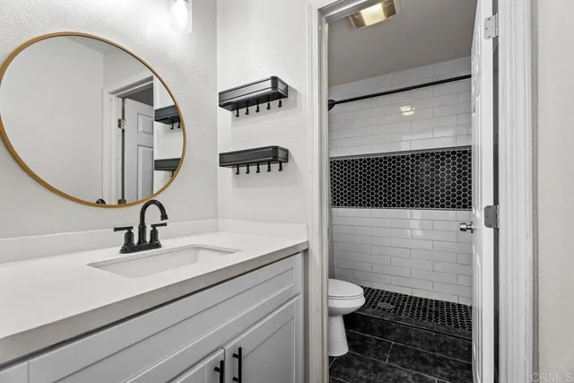 a bathroom with a sink a toilet and a mirror
