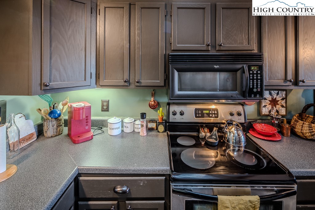102 Spring Branch Road, Unit E Beech Mountain, NC 28604 - Photo 17 of 40 a kitchen with a stove and cabinets