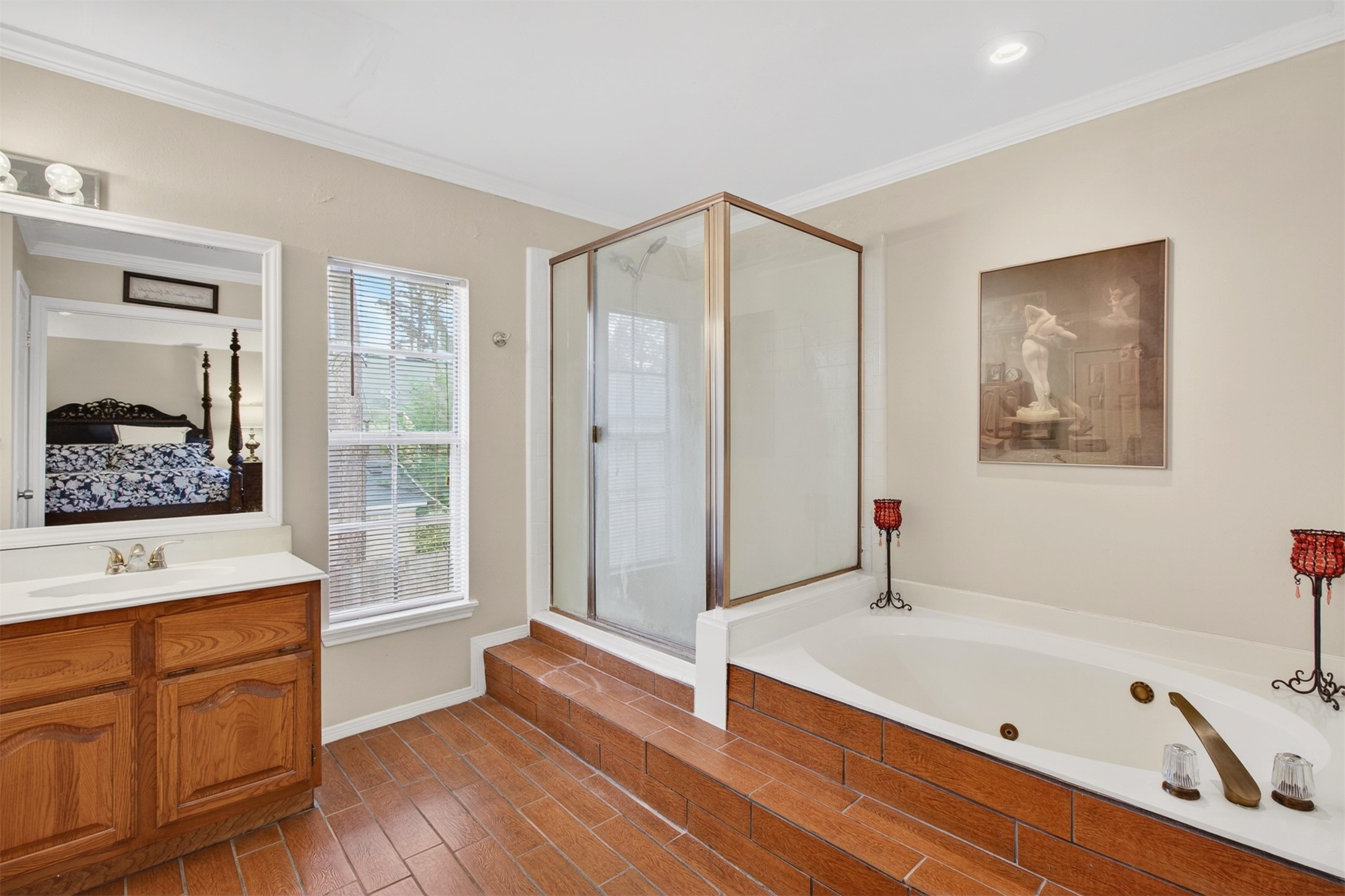 20214 Woodsboro Court Spring, TX 77388 - Photo 31 of 50 Ensuite Primary Bath! Separate Jetted Tub & Shower! Double Sinks! Connects to Primary Dream Suite & Walk-in Closet!