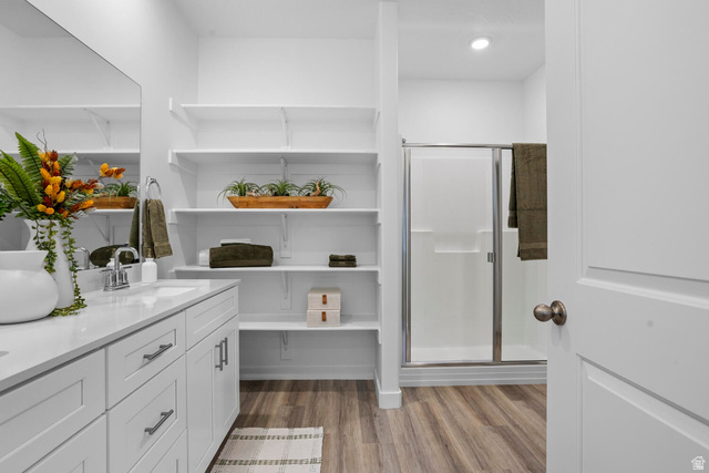 1624 South Staircase Way, Unit 4183 Washington, UT 84780 - Photo 9 of 47 Modern bathroom featuring a single vanity with a white countertop and undermount sink, ample built-in shelving, wood-finish flooring, and a glass-enclosed shower