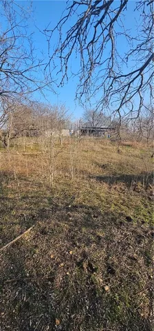 a view of a dry yard with wooden fence