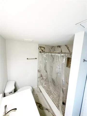 a bathroom with a shower and a toilet