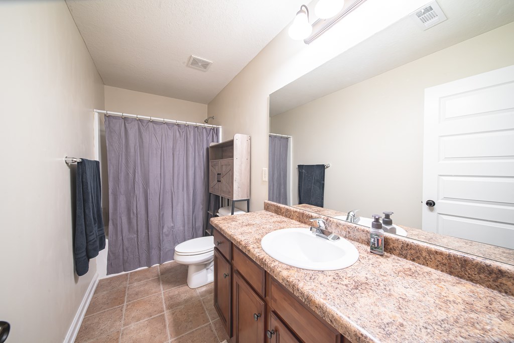 305 Owens Road Fort Mitchell, AL 36856 - Photo 34 of 44 a bathroom with a granite countertop sink a toilet a mirror and shower curtain