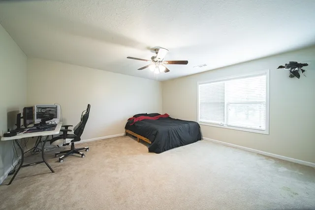 a view of a bedroom with furniture and a ceiling fan