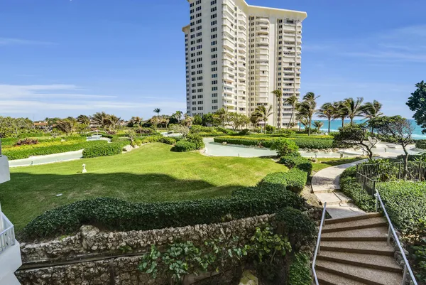 a view of a grassy area with an ocean