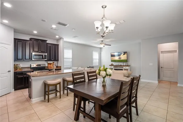 a view of a dining room with furniture