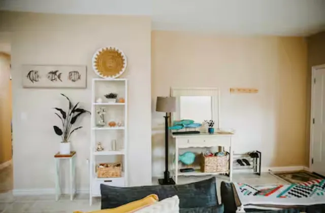a living room with furniture and a table
