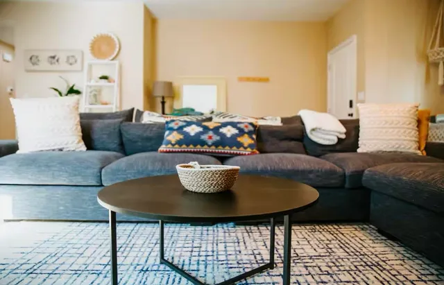 a living room with furniture and a potted plant