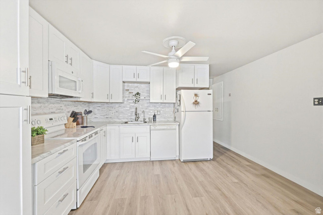 215 Carol Way Midvale, UT 84047 - Photo 9 of 30 Kitchen featuring white appliances, ceiling fan, and white cabinetry