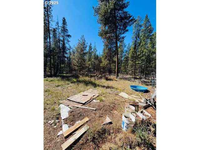 a view of a backyard with wooden fence and trees