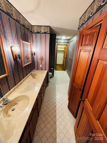 a bathroom with a sink a mirror and shower