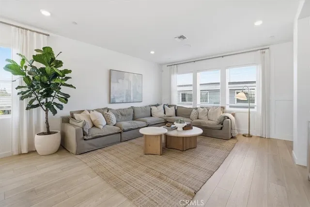 a living room with furniture and a potted plant