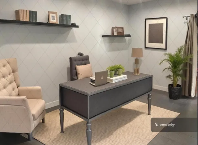 a living room with furniture and a potted plant on table