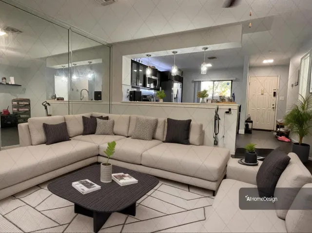 a living room with furniture and a table