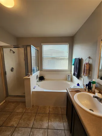 a bathroom with a tub sink and mirror