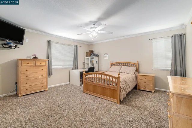 a spacious bedroom with a bed and a flat screen tv