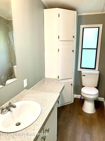 a bathroom with a granite countertop sink toilet and a mirror