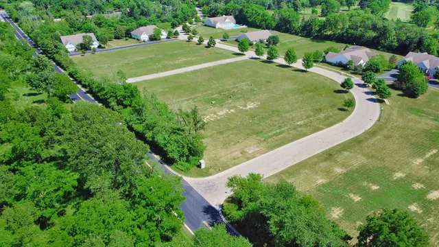 an aerial view of a pool