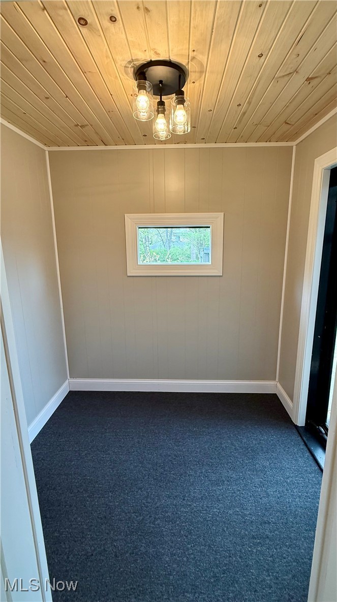 24836 Kennedy Ridge Road North Olmsted, OH 44070 - Photo 21 of 29 Spare room with baseboards, wood ceiling, and dark carpet