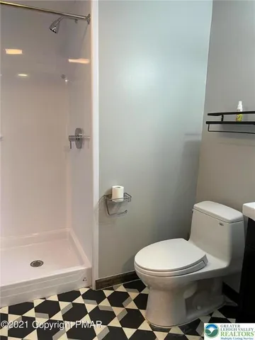 a bathroom with a toilet and a shower