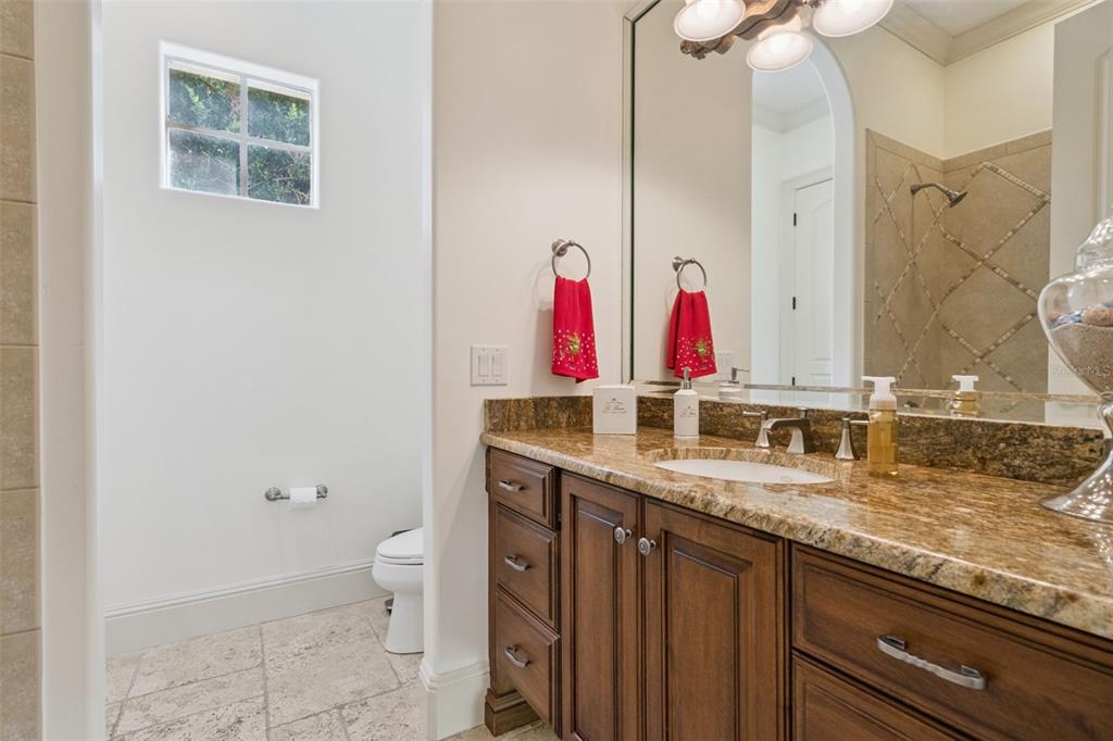 103 Acadia Terrace Celebration, FL 34747 - Photo 31 of 87 a bathroom with a granite countertop sink a toilet and a shower