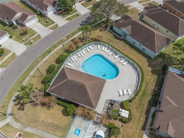 an aerial view of a house with a swimming pool