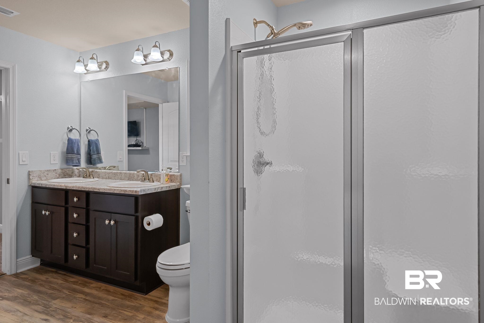 22076 Garland Loop Silverhill, AL 36576 - Photo 13 of 27 Frosted glass shower enclosure with brushed nickel fixtures