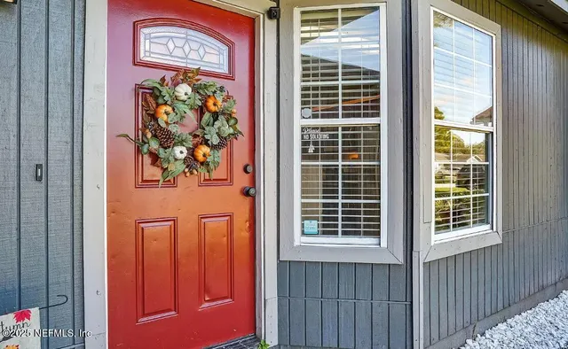 a door with red door