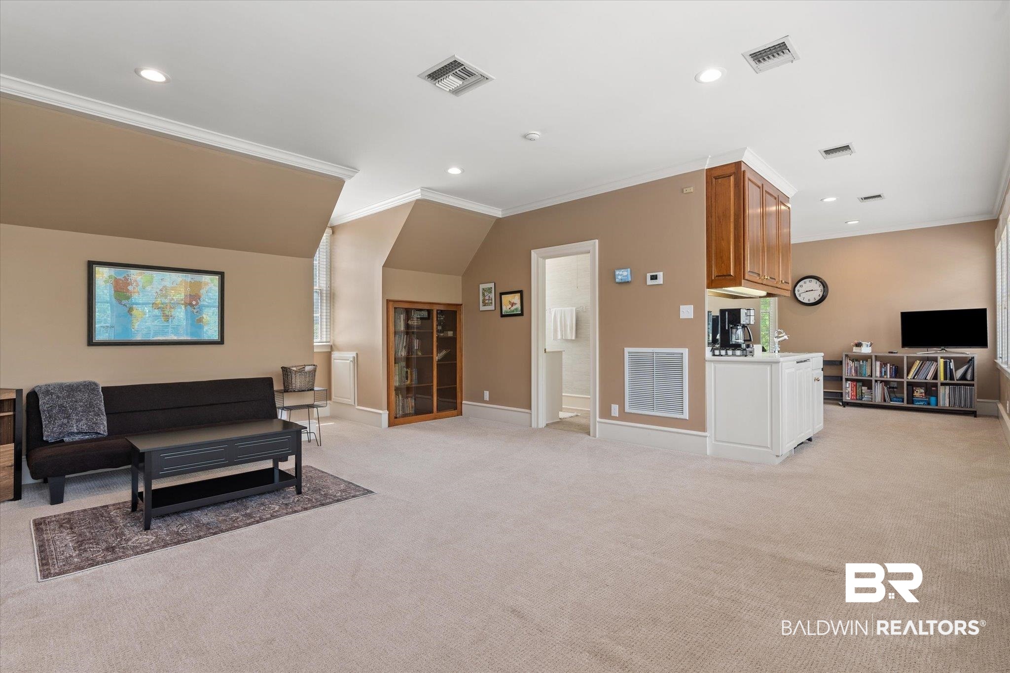 8561 Dawes Lake Road Mobile, AL 36619 - Photo 34 of 63 Living area with ornamental molding, light colored carpet, and recessed lighting