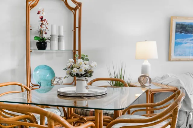 a view of a dining room with furniture