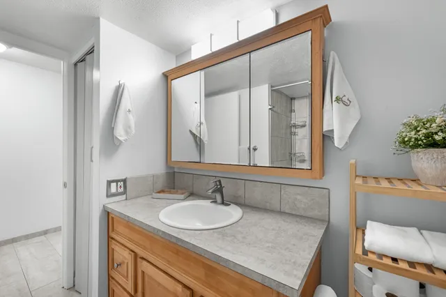 a bathroom with a sink and a mirror