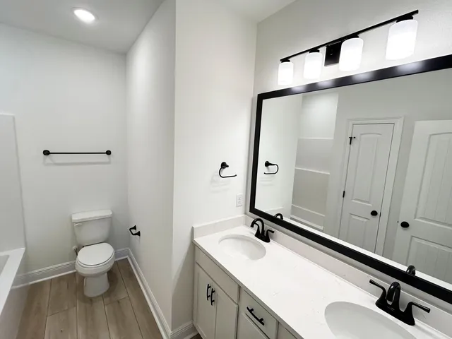 a bathroom with a sink a toilet and a mirror