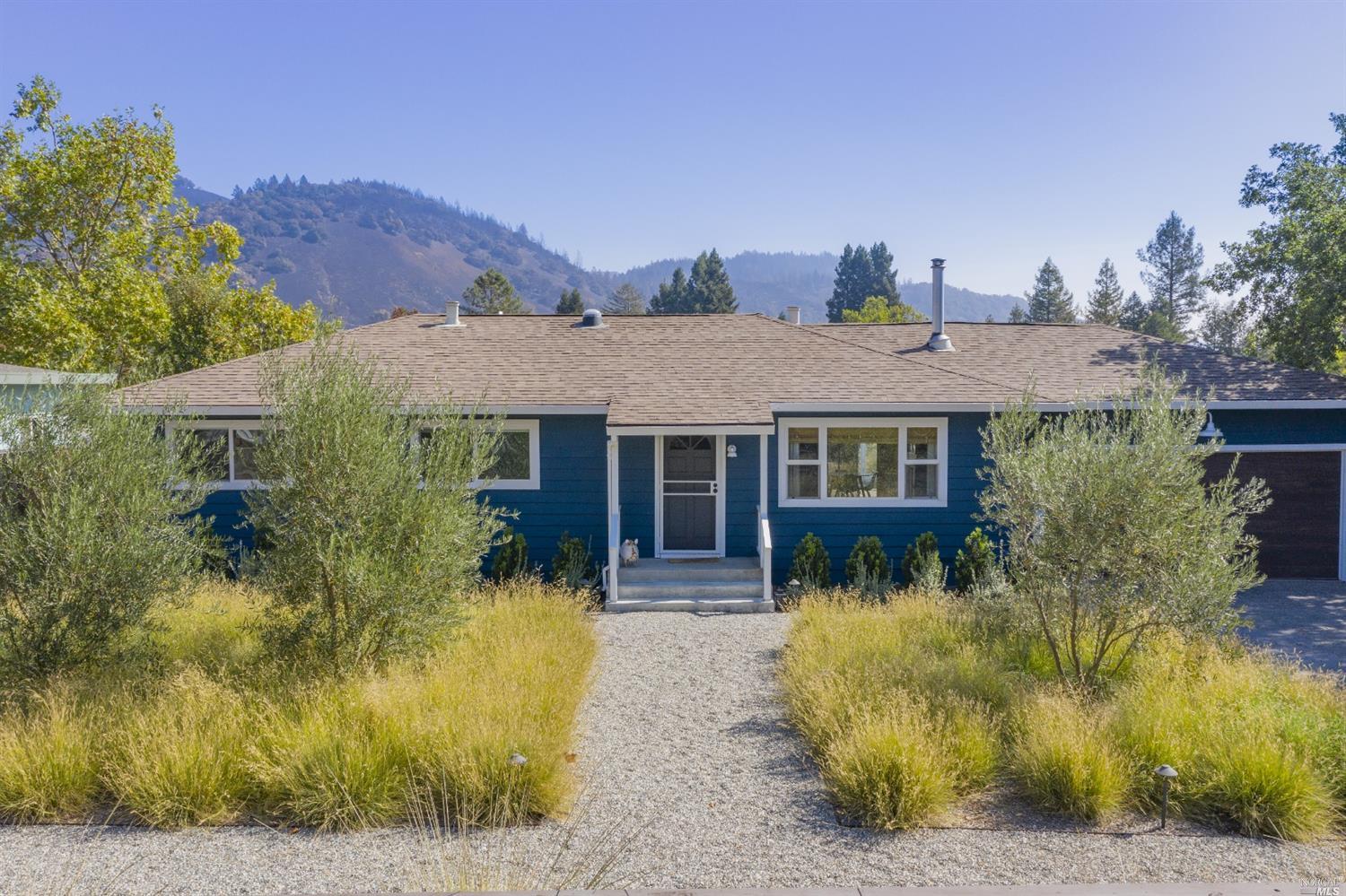 a front view of house with yard and green space