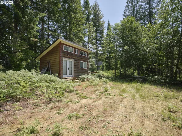 a house is sitting in middle of forest