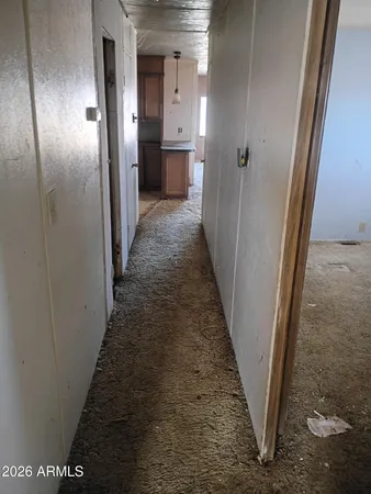 a view of a hallway with a wooden door