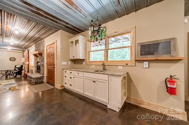 a living room with furniture and a table