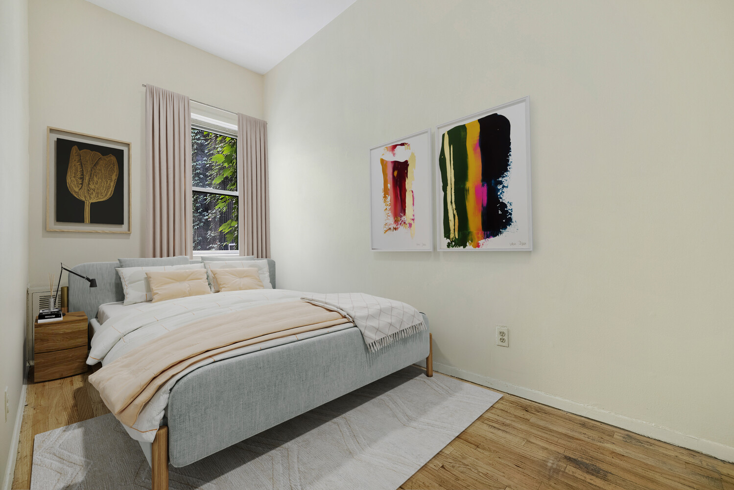 359 West 30th Street, Unit 2B Manhattan, NY 10001 - Photo 5 of 16 a bedroom with a bed and a painting on the wall