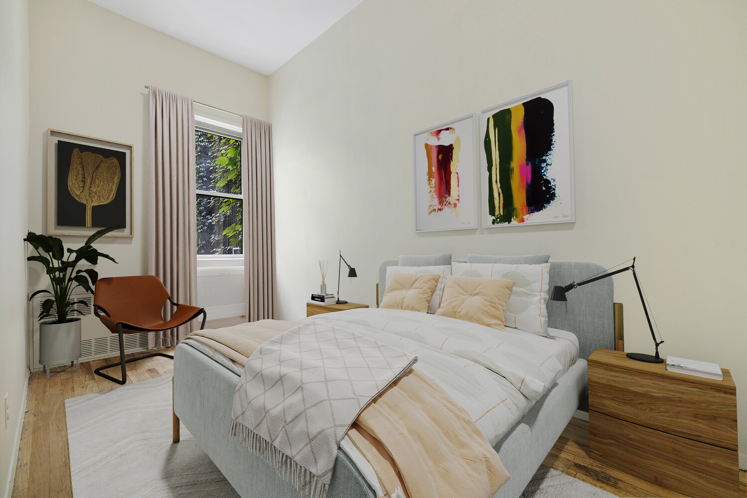 359 West 30th Street, Unit 2B Manhattan, NY 10001 - Photo 7 of 16 a bedroom with a bed and wooden floor