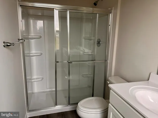 a bathroom with a shower and a toilet