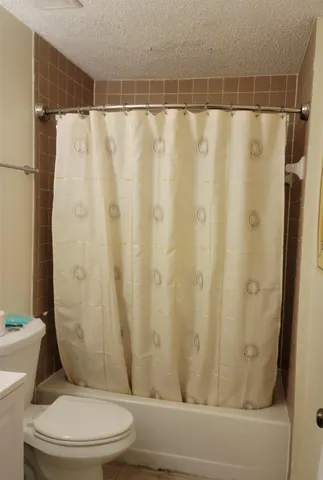 a bathroom with a shower and a toilet