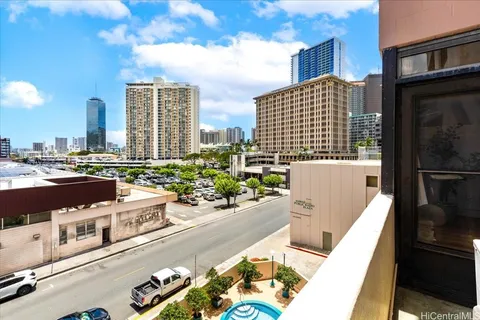 a view of a city from a patio