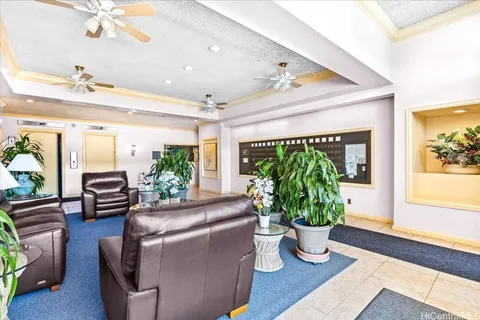 a living room filled with furniture and a potted plant
