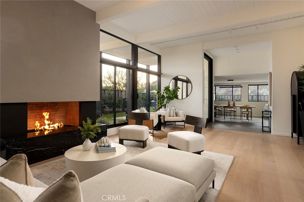 32602 Crete Road Dana Point, CA 92629 - Photo 5 of 41 Walking through the custom 10 foot pivot door into the perfect mid century living area complete with high ceiling, natural light , modern gas fireplace and wood flooring.