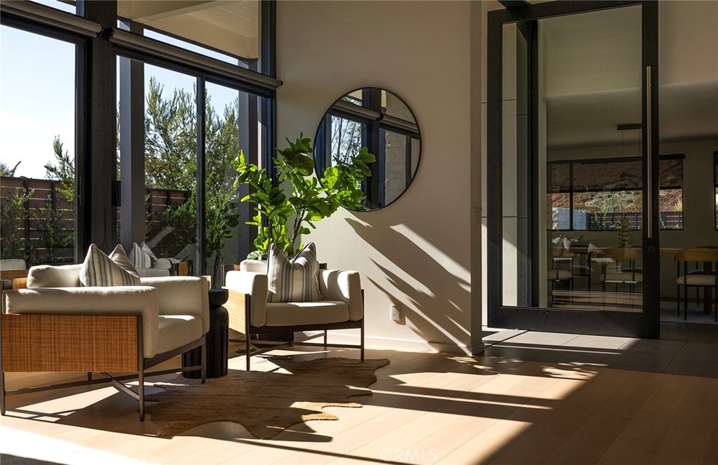 32602 Crete Road Dana Point, CA 92629 - Photo 6 of 41 Walking through the custom 10 foot pivot door into the perfect mid century living area complete with high ceiling, natural light , modern gas fireplace and wood flooring.