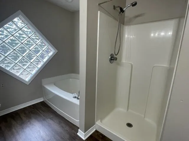 a bathroom with a bath tub and shower