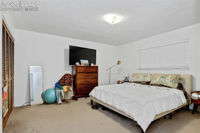 a bedroom with a bed and a television