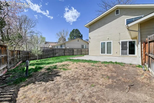 a view of a backyard with large trees and a small yard